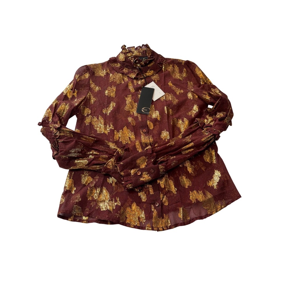 Just Cavalli Burgundy Gold Metallic Floral Ruffle Blouse 1C132007 IT‎ 44 NEW